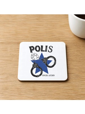 Mor Mürekkep Kişiye Özel Polis Kelepçe Baskılı 9x9 cm Kare Mdf Bardak Altlığı - Polise Hediye Ahşap
