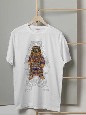 Mor Mürekkep Bear Baskılı Beyaz Kadın Tişört