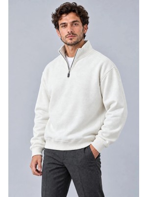 Milares Erkek Üç Iplik Içi Şardonlu Dik Yaka Yarım Fermuarlı Kışlık Sweatshirt - Beyaz