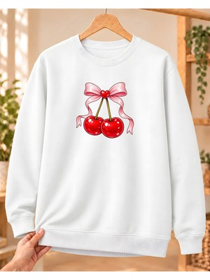 Mor Mürekkep Kadın %100 Pamuk 3 Iplik Şardonlu Kalpli Fiyonklu Kiraz Baskılı Bisiklet Yaka Sweatshirt Beyaz
