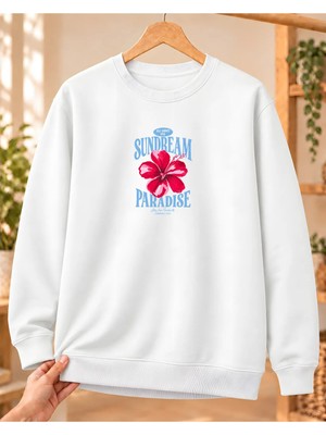 Mor Mürekkep Kadın %100 Pamuk 3 Iplik Şardonlu Sundream Paradise Hibiskus Baskılı Bisiklet Yaka Sweatshirt Beyaz