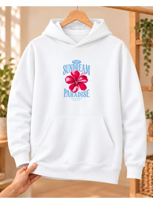 Mor Mürekkep Kadın %100 Pamuk 3 Iplik Şardonlu Sundream Paradise Hibiskus Baskılı Kapüşonlu Sweatshirt Beyaz