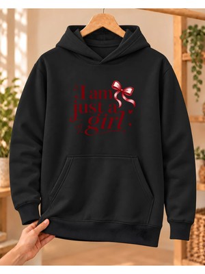 Mor Mürekkep Kadın %100 Pamuk 3 Iplik Şardonlu I Am Just A Girl Baskılı Kapüşonlu Sweatshirt Siyah