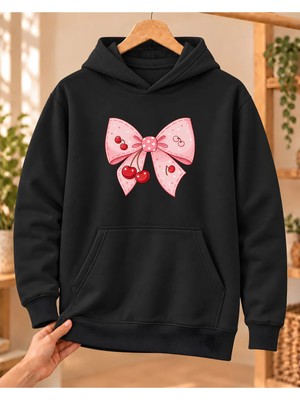 Mor Mürekkep Kadın %100 Pamuk 3 Iplik Şardonlu Kirazlı Pembe Fiyonk Baskılı Kapüşonlu Sweatshirt Siyah