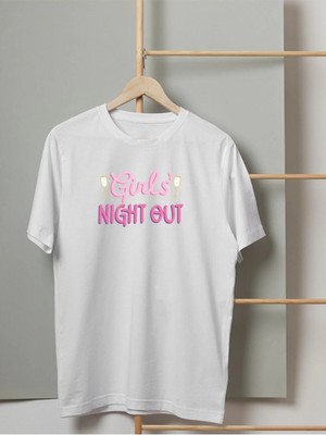 Mor Mürekkep Girl's Night Out Yazı Baskılı Beyaz Kadın Tişört