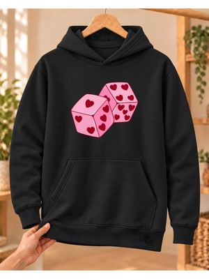Mor Mürekkep Kadın %100 Pamuk 3 Iplik Şardonlu Kalpli Pembe Zarlar Baskılı Kapüşonlu Sweatshirt Siyah