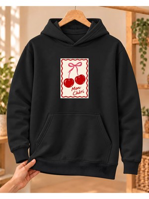 Mor Mürekkep Kadın %100 Pamuk 3 Iplik Şardonlu Mon Chéri Kiraz Baskılı Kapüşonlu Sweatshirt Siyah