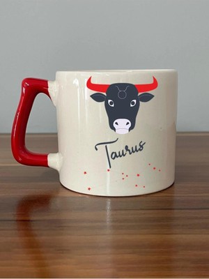 Mor Mürekkep Boğa Burcu Simgesi Baskılı Kırmızı Kulplu Prime Kupa Bardak Fincan Mug