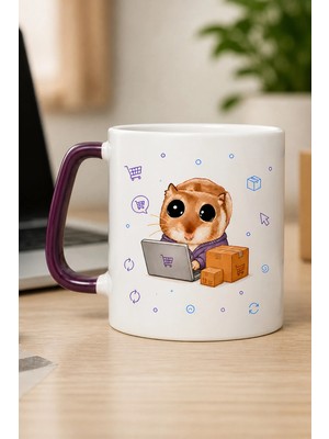 Mor Mürekkep Sad Üzgün Hamster E Ticaret Uzmanı Baskılı Mor Kulplu Prime Kupa Bardak Fincan Mug