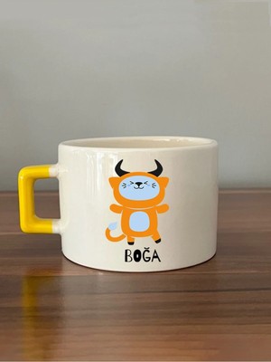 Mor Mürekkep Boğa Burcu ve Onla Alakalı Komik Açıklama Baskılı Turuncu Kulplu Prime Kupa Bardak Fincan Mug