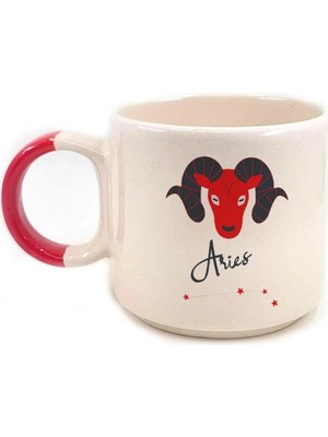 Mor Mürekkep Koç Burcu Simgesi Baskılı Kırmızı Kulplu P Kupa Bardak Fincan Mug