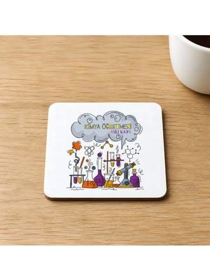 Mor Mürekkep Kişiye Özel Kimya Öğretmeni Baskılı 9x9 cm Kare Mdf Bardak Altlığı - Öğretmene Hediye Ahşap