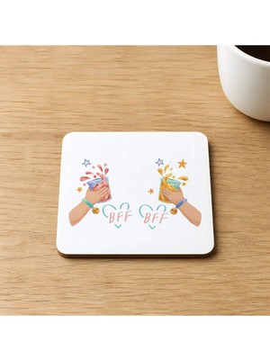 Mor Mürekkep Best Friends Forever Bff Içecekli Baskılı 9x9 cm Kare Mdf Bardak Altlığı - Arkadaşa Hediye Ahşap