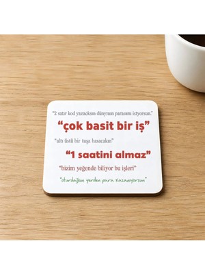 Mor Mürekkep Yazılımcı Basit Iş Baskılı 9x9 cm Kare Mdf Bardak Altlığı - Yazılımcıya Hediye Ahşap