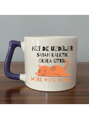 Mor Mürekkep Bizi De Üzdüler Turuncu Kedi Baskılı Mor Kulplu Prime Kupa Bardak Fincan Mug