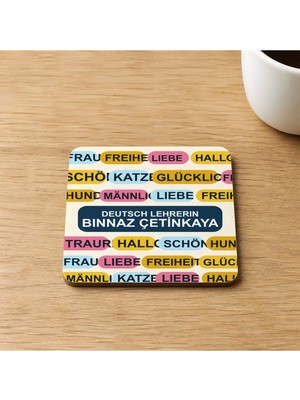 Mor Mürekkep Kişiye Özel Almanca Öğretmeni Baskılı 9x9 cm Kare Mdf Bardak Altlığı - Öğretmene Hediye Ahşap