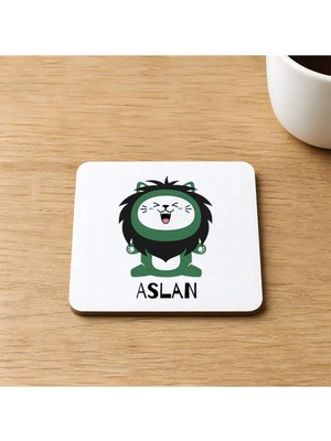 Mor Mürekkep Aslan Burcu ve Onla Alakalı Komik Açıklama Baskılı 9x9 cm Kare Mdf Bardak Altlığı Ahşap
