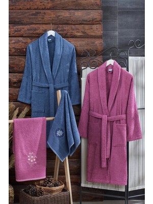 Tabea Home Arya 4'lü Havlulu Bornoz Seti | Pamuklu | Nakışlı | Çeyiz Seti | Indigo - Mürdüm