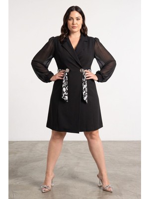 Zishan Fashion Kadın Büyük Beden Ceket Yaka Kuşaklı Şifon Kol Double Krep Astarlı Abiye Elbise 16401