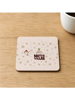 Mor Mürekkep Mutlu Yıllar Kar Taneleri Baskılı 9x9 cm Kare Mdf Bardak Altlığı - Yılbaşı Hediyesi Ahşap