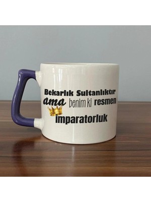 Mor Mürekkep Bekarlık Sultanlıktır Ama Baskılı Mor Kulplu Prime Kupa Bardak Fincan Mug