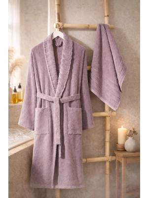Tabea Home Fluffy 2'li Havlulu Bornoz Seti | Pamuklu | Nakışlı | Çeyiz Seti | Mürdüm