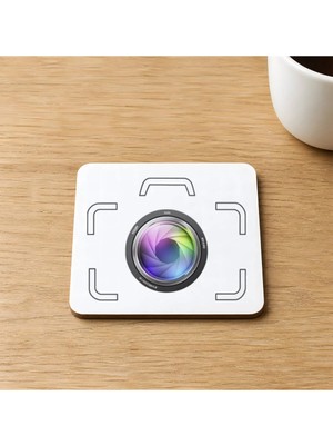 Mor Mürekkep Fotoğraf Makine Renkli Çerçeveli Baskılı 9x9 cm Kare Mdf Bardak Altlığı Ahşap Model 00413