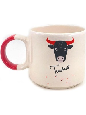 Mor Mürekkep Boğa Burcu Simgesi Baskılı Kırmızı Kulplu P Kupa Bardak Fincan Mug