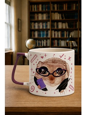 Mor Mürekkep Sad Üzgün Hamster Akademisyen Baskılı Mor Kulplu Prime Kupa - Akademisyene Hediye Bardak Fincan Mug