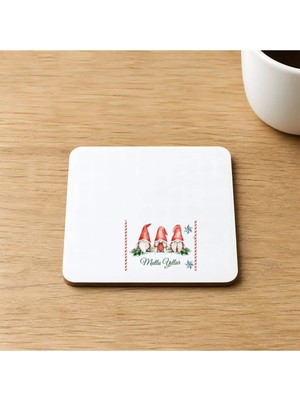 Mor Mürekkep Mutlu Yıllar 3 Noel Baba Baskılı 9x9 cm Kare Mdf Bardak Altlığı - Babaya Hediye Ahşap