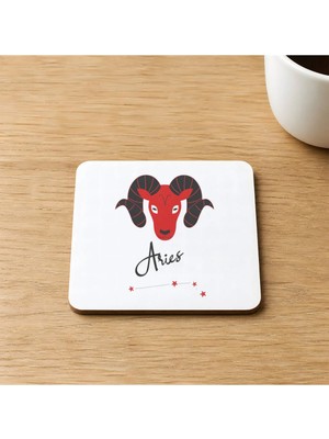 Mor Mürekkep Koç Burcu Simgesi Baskılı 9x9 cm Kare Mdf Bardak Altlığı Ahşap
