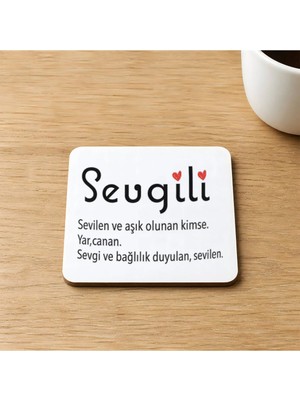 Mor Mürekkep Sevgili Baskılı 9x9 cm Kare Mdf Bardak Altlığı - Sevgiliye Hediye Ahşap
