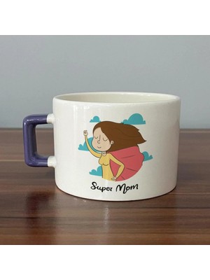 Mor Mürekkep Süper Mom Pelerin Baskılı Mor Kulplu Kare Kupa - Anneye Hediye Bardak Fincan Mug