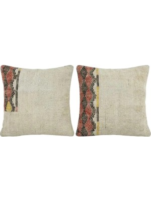 Kilim Yün Kahverengi El Yapımı Kırlent Kılıfı 2 Parça Set 60 x 60 cm