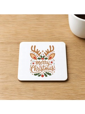 Mor Mürekkep Merry Christmas Geyik Boynuzlu Baskılı 9x9 cm Kare Mdf Bardak Altlığı - Yılbaşı Hediyesi Ahşap