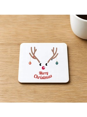 Mor Mürekkep Merry Christmas Geyik Baskılı 9x9 cm Kare Mdf Bardak Altlığı - Yılbaşı Hediyesi Ahşap