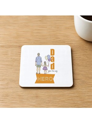 Mor Mürekkep Hero Baba&kız Baskılı 9x9 cm Kare Mdf Bardak Altlığı - Babaya Hediye Ahşap