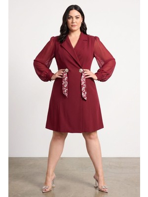 Zishan Fashion Kadın Büyük Beden Ceket Yaka Kuşaklı Şifon Kol Double Krep Astarlı Abiye Elbise 16401