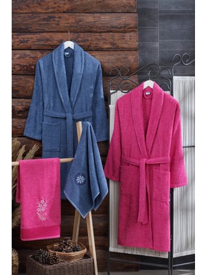 Tabea Home Arya 4'lü Havlulu Bornoz Seti | Pamuklu | Nakışlı | Çeyiz Seti | Indigo - Fuşya