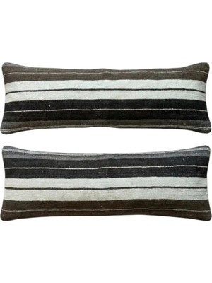 Kilim Yün Gri El Yapımı Kırlent Kılıfı 2 Parça Set 40 x 120 cm