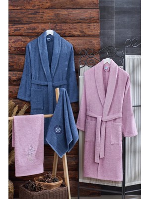 Tabea Home Arya 4'lü Havlulu Bornoz Seti | Pamuklu | Nakışlı | Çeyiz Seti | Indigo - Mürdüm