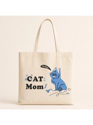 Mor Mürekkep Cat Mom Baskılı Bez Çanta - Anneye Hediye Omuz Çantası