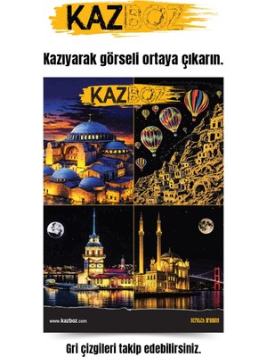 Kazboz Kazıma Sanatı, Türkiye Temalı Scratch Art Seti, 20X28,5 Cm, Venedik, Kapadokya, Istanbul Manzaralı