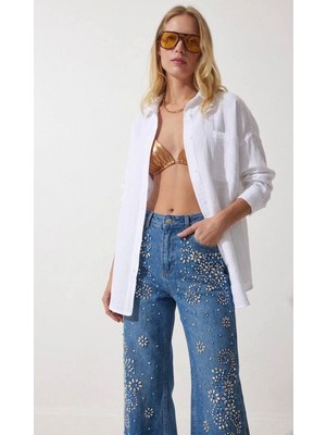 Kadın Müslin Kumaş Oversize Uzun Kollu Gömlek