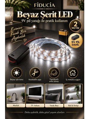 Fiducia Pilli Şerit LED 2 Metre 9V Pil Dahil Yapışkanlı Kesilebilir Dolap Mutfak Ayna Aydınlatma