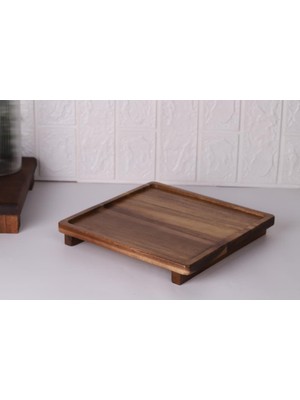 Atby Akasya Doğal Ahşap Ayaklı Kare Sunum Tepsisi Kahvaltı Peynir Meze Servis Tahtası 26X26CM