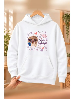 Mor Mürekkep Sad Hamster Psikolog (Psychologist) Baskılı Kadın Kapüşonlu Sweatshirt - Beyaz