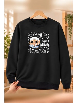 Mor Mürekkep Sad Hamster Ebe (Midwife) Baskılı Kadın Bisiklet Yaka Sweatshirt - Siyah