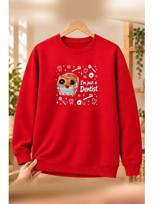 Mor Mürekkep Sad Hamster Diş Hekimi (Dentist) Baskılı Kadın Bisiklet Yaka Sweatshirt - Kırmızı
