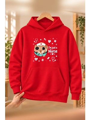 Mor Mürekkep Sad Hamster Hemşire (Nurse) Baskılı Kadın Kapüşonlu Sweatshirt - Kırmızı